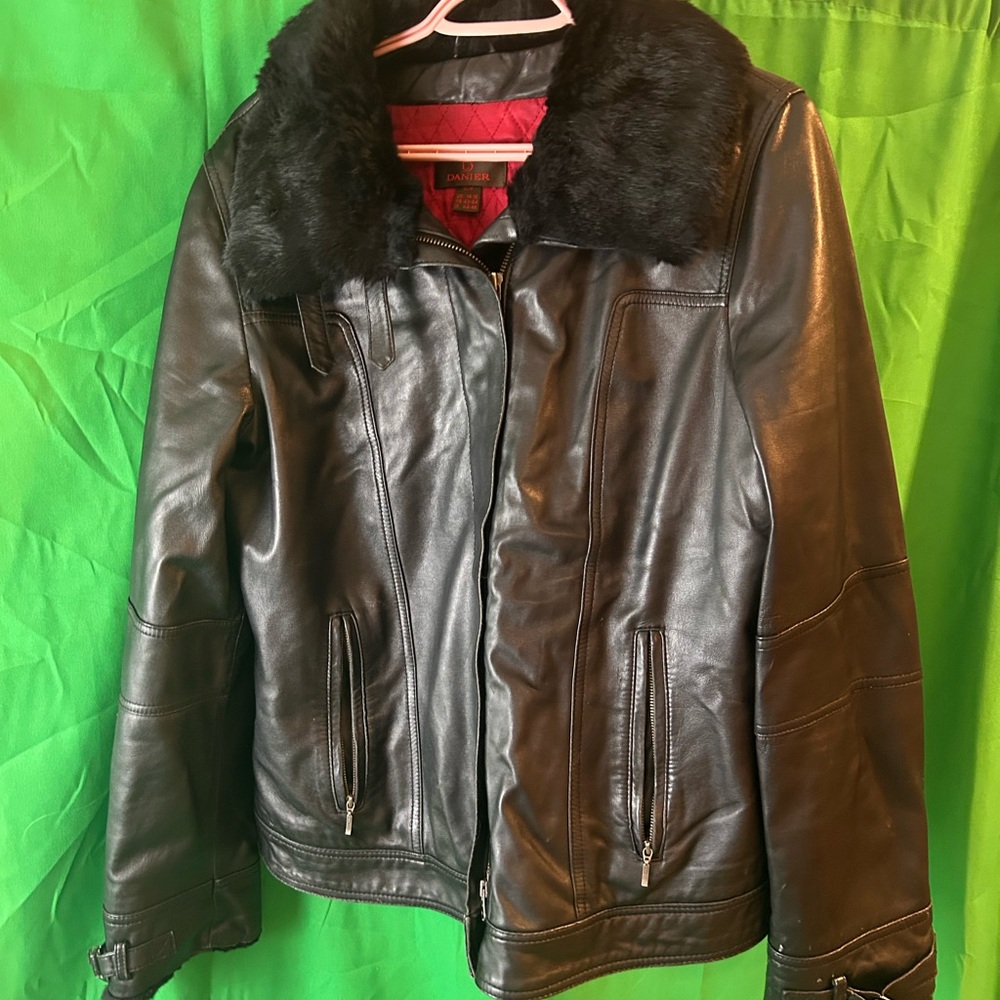 Black Leather Jacket with Rabbit Fur Collar
